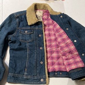 Roxy Sherpa trim blue denim jean flannel pink quilt lined jacket ranch country S